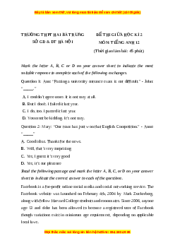 Đề thi giữa kì 2 Tiếng Anh 12 trường THPT Hai Bà Trưng năm 2023