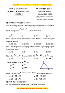 Đề thi cuối kì 1 Toán 7 trường THCS Thanh Quan Hà Nội - Đề số 2