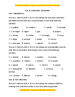 Trắc nghiệm Unit 10: Lifelong learning Tiếng Anh 12 chương trình thí điểm