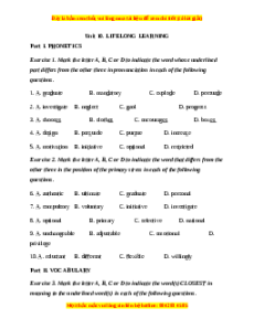 Trắc nghiệm Unit 10: Lifelong learning Tiếng Anh 12 chương trình thí điểm