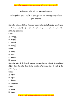 Đề thi cuối kì 2 Tiếng Anh lớp 12 trường THPT Trần Can năm 2023