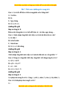 Trắc nghiệm Tin học 7 Bài 7 Kết nối tri thức: Tính toán tự động trên trang tính