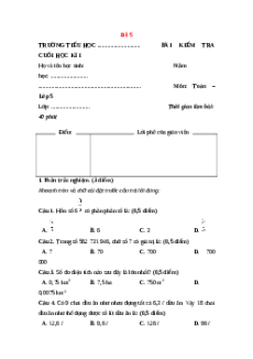 Đề thi Cuối kì 1 Toán lớp 5 Kết nối tri thức (Đề 5)