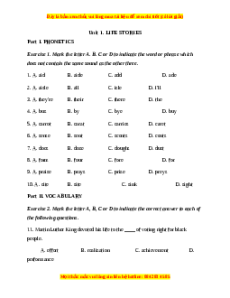 Trắc nghiệm Unit 1: Life stories Tiếng Anh 12 chương trình thí điểm
