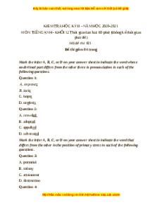 Đề thi giữa kì 2 Tiếng Anh 12 trường THPT Nguyễn Hiền năm 2023