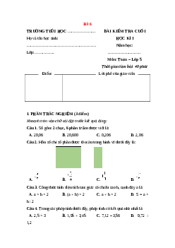 Đề thi Cuối kì 1 Toán lớp 5 Chân trời sáng tạo (Đề 6)