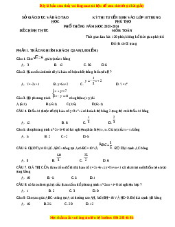 Đề thi vào 10 Toán Tỉnh Phú Thọ năm 2023-2024