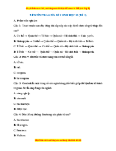 Đề thi giữa kì 1 Sinh học 10 Chân trời sáng tạo (đề 3)