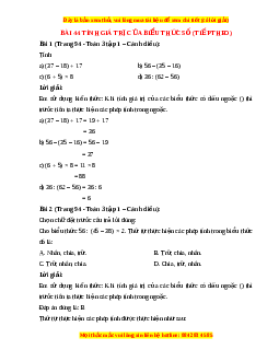 Giải Sgk Toán lớp 3 Bài 44: Tính giá trị biểu thức số (tiếp theo) (Cánh diều)