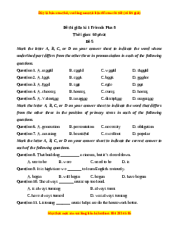 Đề thi giữa kì 1 Tiếng Anh 8 Friends Plus (Đề 5)