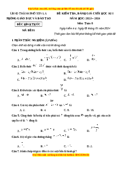 Đề thi cuối kì 1 Toán 8 Cánh diều Phòng GD&ĐT TP. Sơn La-Tỉnh Sơn La