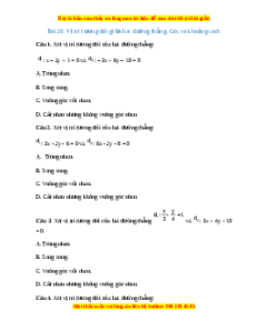 Trắc nghiệm Vị trí tương đối giữa hai đường thẳng. Góc và khoảng cách Toán 10 Kết nối tri thức