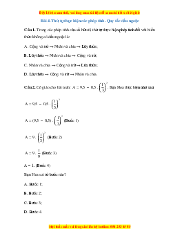 Trắc nghiệm Thứ tự thực hiện các phép tính. Quy tắc dấu ngoặc Toán 7 Cánh diều