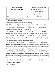 Đề thi cuối kì 1 Toán lớp 4 Cánh diều - Đề 5