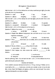 Đề thi giữa kì 1 Tiếng Anh 12 Friends global (Đề 3 có file nghe)