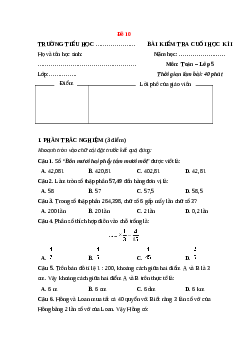 Đề thi Cuối kì 1 Toán lớp 5 Chân trời sáng tạo (Đề 10)