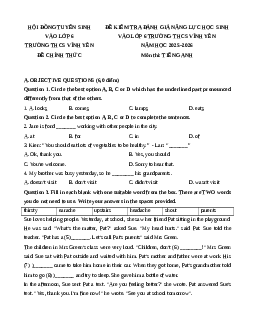 Đề thi tuyển sinh vào lớp 6 Tiếng Anh 2025 trường Vĩnh Yên (Vĩnh Phúc)