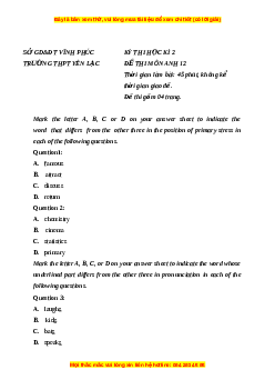 Đề thi giữa kì 2 Tiếng Anh 12 trường THPT Yên Lạc - Vĩnh Phúc năm 2023
