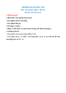 5 Đề thi Giữa kì 2 Công nghệ Điện Điện tử 12 Kết nối tri thức