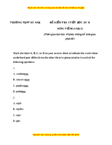 Đề thi giữa kì 2 Tiếng Anh 12 trường THPT Kỳ Anh năm 2023