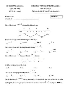Đề thi thử tốt nghiệp Toán trường THPT Ba Đình - Thanh Hóa lần 1 năm 2024