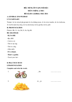Đề cương ôn tập Cuối kì 1 Tiếng Anh 1 Global Success
