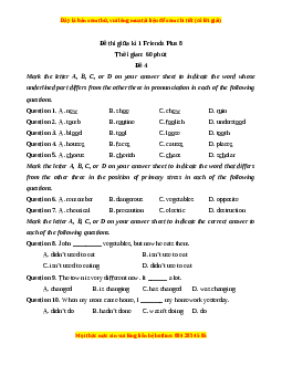 Đề thi giữa kì 1 Tiếng Anh 8 Friends Plus (Đề 4)
