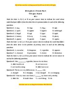 Đề thi giữa kì 1 Tiếng Anh 8 Friends Plus (Đề 4)