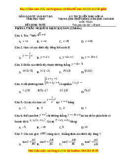 Đề thi vào 10 môn Toán tỉnh Phú Thọ năm 2020