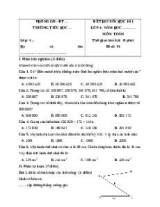 Đề thi cuối kì 1 Toán lớp 4 Cánh diều - Đề 1