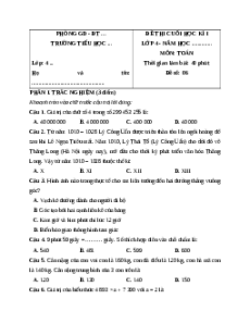 Đề thi cuối kì 1 Toán lớp 4 Chân trời sáng tạo - Đề 6