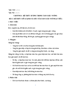 Giáo án Hệ thức giữa cạnh và góc của tam giác vuông Toán 9 Chân trời sáng tạo