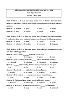 Đề khảo sát chất lượng đầu năm lớp 10 Tiếng Anh