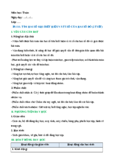 Giáo án Tìm hai số khi biết hiệu và tỉ số của hai số đó Toán lớp 5 Chân trời sáng tạo