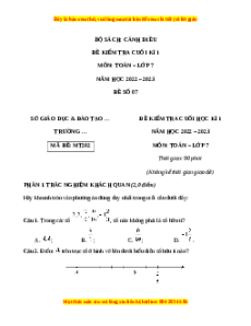Đề thi cuối kì 1 Toán 7 Cánh diều có đáp án (Đề 7)