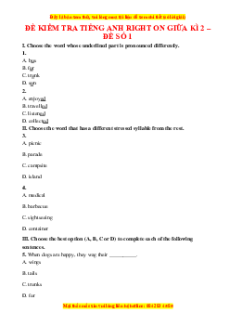 Đề thi giữa kì 2 Tiếng Anh 6 Right on (Đề 1 có file nghe)