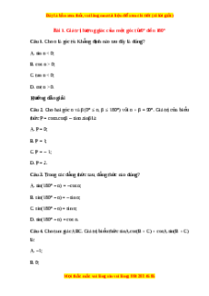 Trắc nghiệm Giá trị lượng giác của một góc từ 0 đến 180 độ Toán 10 Chân trời sáng tạo