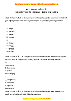 Đề thi giữa kì 2 Tiếng Anh 12 trường THPT Hoàng Quốc Việt năm 2023