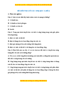 Đề thi giữa kì 1 Sinh học 11 Cánh diều (đề 3)