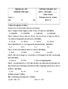 Đề thi cuối kì 1 Toán lớp 4 Chân trời sáng tạo - Đề 4