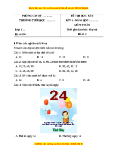 Đề thi cuối kì 2 Toán lớp 1 Chân trời sáng tạo (Đề 3)