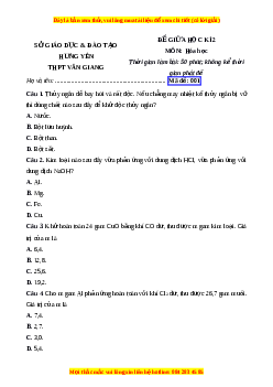 Đề thi giữa kì 2 Hóa học 12 trường THPT Văn Giang - Hưng Yên năm 2023