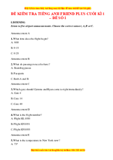 Bộ 10 đề thi cuối kì 1 Tiếng Anh 7 Friends plus có đáp án