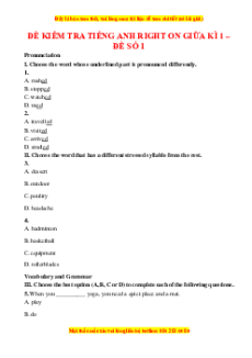 Bộ 8 đề thi giữa kì 1 Tiếng Anh 7 Right on có đáp án