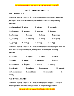 Trắc nghiệm Unit 5: Cultural identity Tiếng Anh 12 chương trình thí điểm
