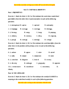 Trắc nghiệm Unit 5: Cultural identity Tiếng Anh 12 chương trình thí điểm