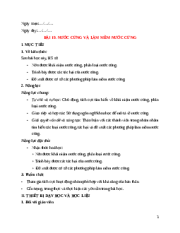 Giáo án Bài 19 Hóa học 12 Cánh Diều: Nước cứng và làm mềm nước cứng