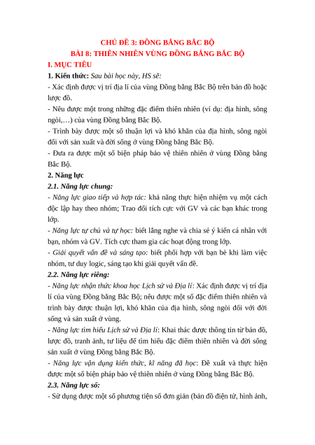 Giáo án Bài 8 Lịch sử & Địa lí lớp 4 Kết nối tri thức: Thiên nhiên vùng Đồng bằng Bắc Bộ