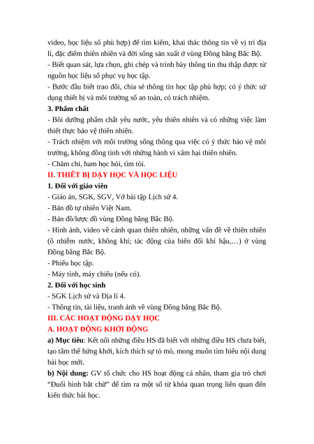 Giáo án Bài 8 Lịch sử & Địa lí lớp 4 Kết nối tri thức: Thiên nhiên vùng Đồng bằng Bắc Bộ