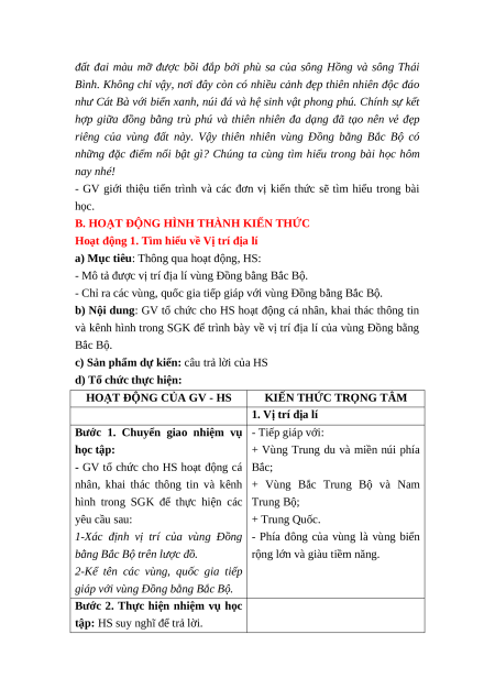 Giáo án Bài 8 Lịch sử & Địa lí lớp 4 Kết nối tri thức: Thiên nhiên vùng Đồng bằng Bắc Bộ